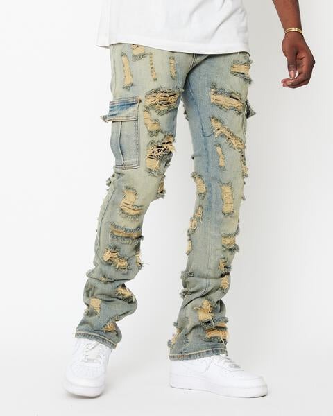 Denim Ripped Men Flared Cargo Pants