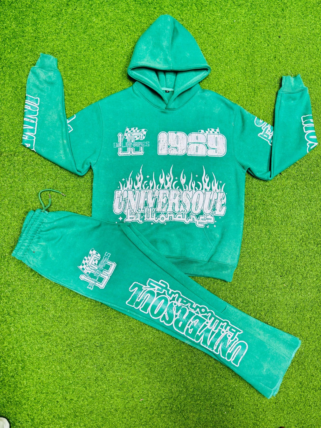 Acid Wash Hoodie & Flare Pants Sets With Screen printed Designs