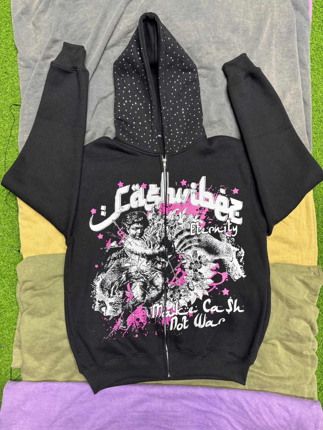 Custom Zip Up Hoodies With Screen Print & Rhinestones
